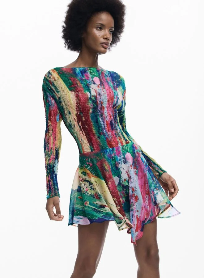 DESIGUAL multicolor abstract print Ruched Asymmetrical Dress for Women | Best Price UAE